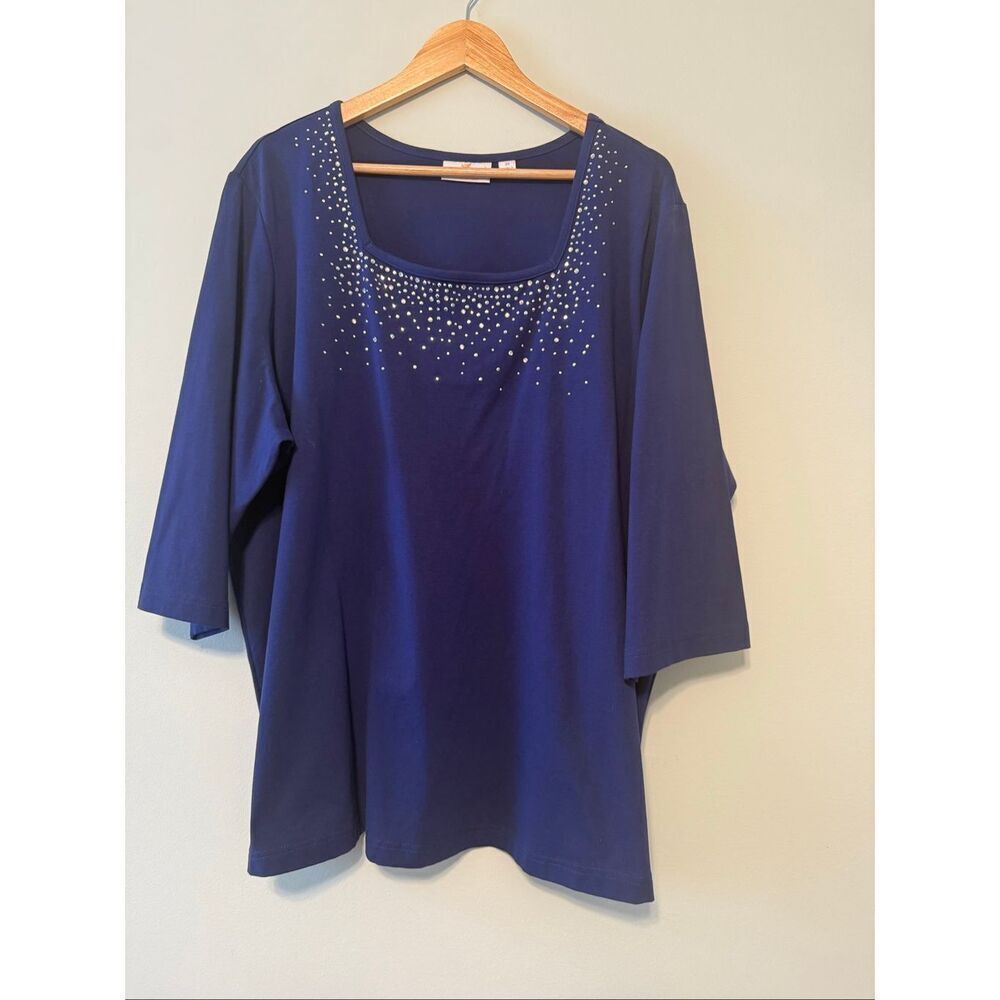 Quacker Factory Size 3X Rhinestone Square Neck Tunic Top Midnight Blue Sparkle - Picture 6 of 8
